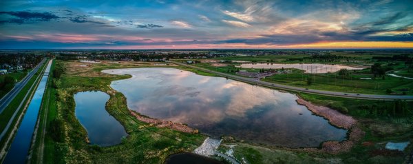 Aerial Panorama at Dusk, Gray's Pond,, Strathmore, AB, 2022-06-08