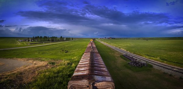 Aerial View of Train Cars, Mossleigh, AB, 2022-06-19