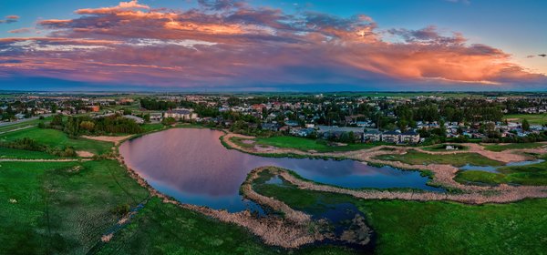 Alpenglow over Southmost Pond, South Aerial View, Gray's Park, Strathmore, AB, 2022-06-22