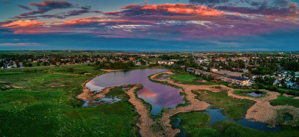 Alpenglow over Southmost Pond, Southwest Aerial View, Gray's Park, Strathmore, AB, 2022-06-22