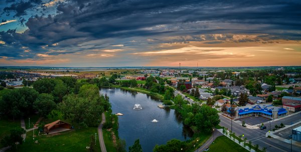 Ariel View Looking South at Dusk, Kinsmen Lake, Strathmore AB, 2022-06-27
