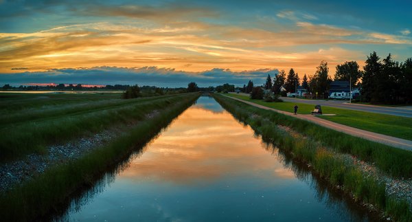 Sunset Reflected, Irrigation Canal Along Thomas Drive, Strathmore, AB, 2022-07-06