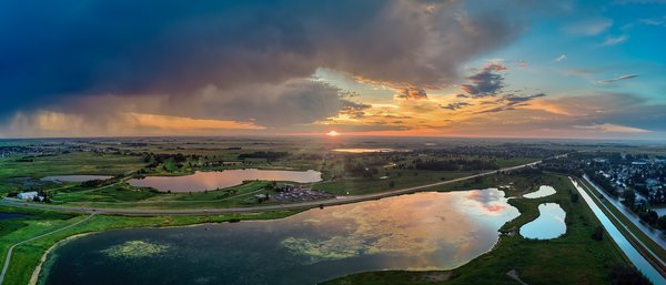 Sunset over the large pond 01, Gray Park, Strathmore, AB, 2022-07-30