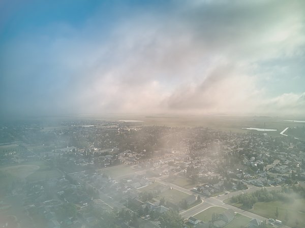 Fog Burning Off, Aerial View to the NE, Strathmore, AB, 2022-008-05