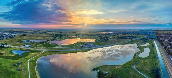 Sunset Viewed over the Large Pond, Gray Park, Strathmore, AB, 2022-08-14