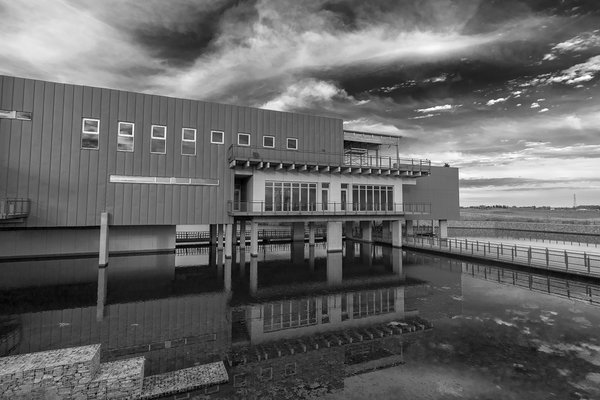 Interpretive Centre in B&W 01, Ralph Klein Park, Calgary, Alberta, 2022-09-22