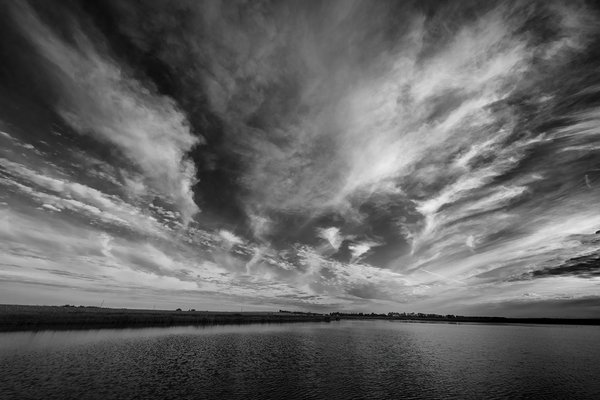 Skyscape Over Wetlands 02 in B&W, Ralph Klein Park, Calgary, Alberta, 2022-09-22