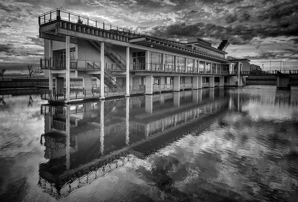 Interpretive Centre in B&W 05, Ralph Klein Park, Calgary, Alberta, 2022-09-22
