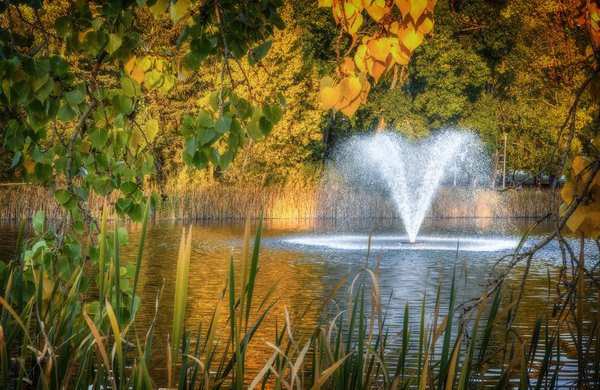 Fountain surrounded by fall colours, Kinsmen Lake, Strathmore, Alberta, 2022-09-27