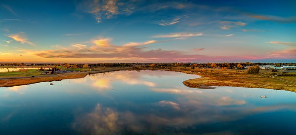Looking North at Sunset, Larger Pond, Gray Park, Strathmore, AB, 2022-10-13