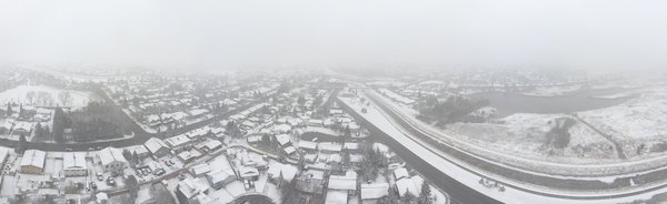 Snowfall Warning, Aerial Pano in Light Snow, Looking South, Strathmore, AB, 2022-11-01
