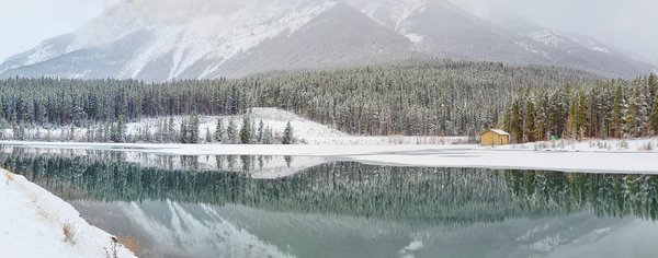 Canmore Reservoir, Close-up Colour Panoramic, Canmore Nordic Centre Provincial Park, AB, 2022-11-06