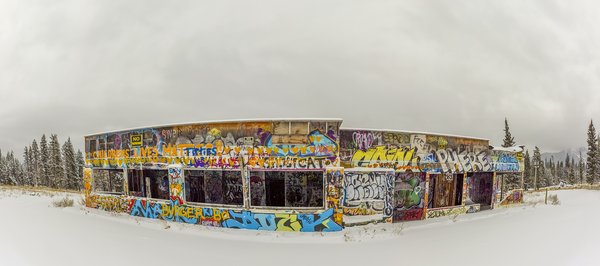 Abandoned Petro Can Station, Distorted Panoramic, Bow Valley Provincial Park, AB, 2022-11-06
