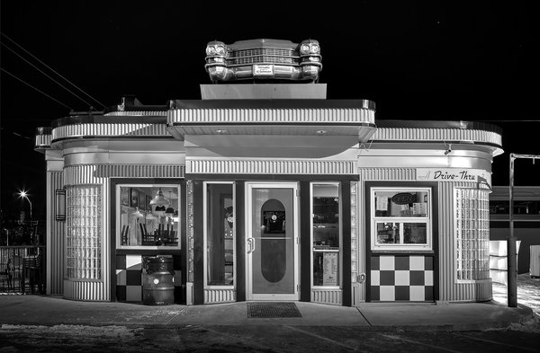 Drive-in, drive-on, what's the difference, Calgary, AB, 2022-11-19 - B&W Vignette