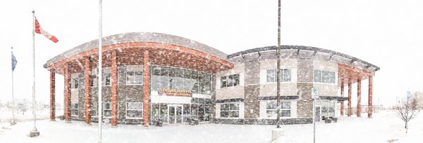 Municipal Building During Snowfall, Kinsmen Park, Strathmore, AB, 2022-12-17