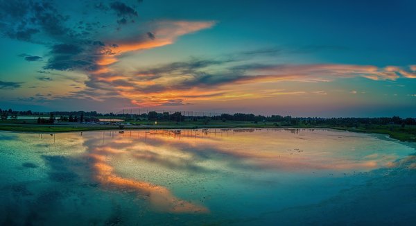 Intimately Reflected Sunset, Gray Pond, Strathmore, Alberta. 2023-07-19