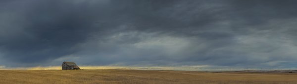Old Barn Under Moody Skies (Panoramic), Highway 21, North of Trochu, Alberta. 2023-10-10