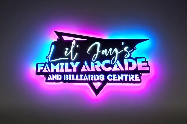 Sign, Lil' Jay's Family Arcade, Strathmore, Alberta, 2024-02-24