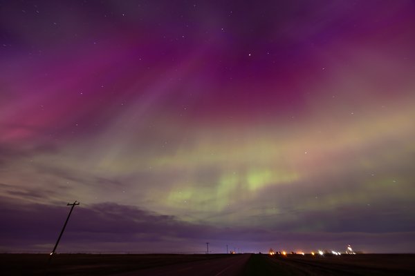 Aurora lighting the road home, Hwy 817, North of Strathmore, AB, 2024-05-11