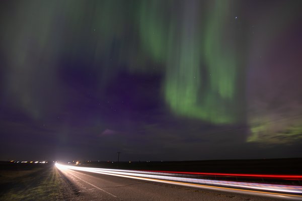 Aurora and headlights, Hwy 817, North of Strathmore, AB, 2024-05-11