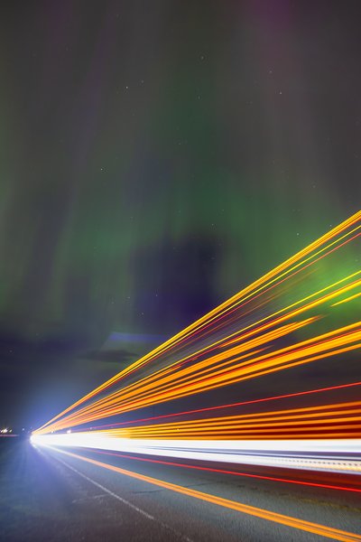 Aurora and semi light trails, Hwy 817, North of Strathmore, AB, 2024-05-11