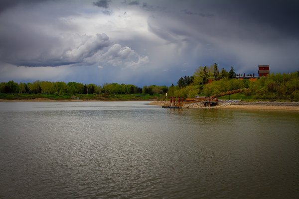 S.S. Moyie's pier backgrounded by the park, Heritage Park, Calgary, AB, 2024-05-25