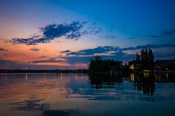Reflections as darkness falls 01, Chestermere Lake, Chestermere, AB, 2024-08-13