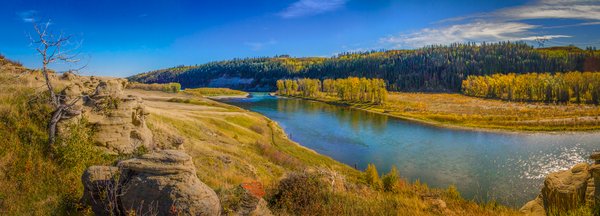 Panorama with hoodoos, McKinnon Flats, Foothills County, AB, 2024-19-05