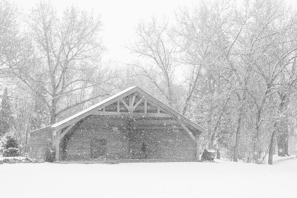 Pavillion during snow squall, Kinsmen Lake, Strathmore, Alberta, 2025-04-20