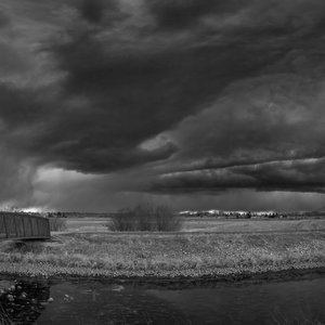 First good storm of the season, Tom Sadler Bridge, Strathmore, AB, 2024-04-09 (B&W)