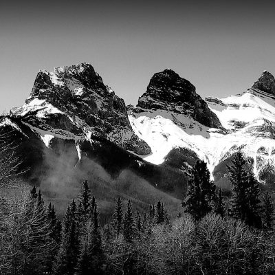 Black and white shot of three snowy mountain peaks behind a dense pine forest.