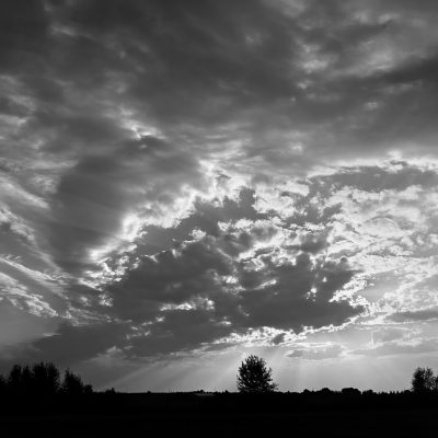 A black and white landscape of a dramatic, cloudy sky with sunbeams breaking through above a dark, silhouetted horizon of trees.